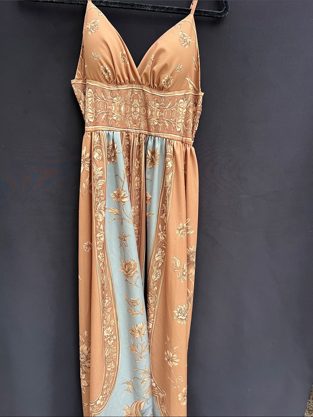 Floral Print Slip Maxi Dress in Camel and Light Blue